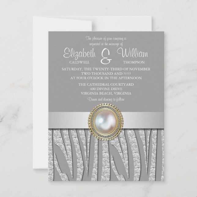 Exotic Silver Zebra Pattern Wedding Invitation (Front)