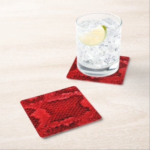 Exotic snake skin animal print pattern modern red square paper coaster