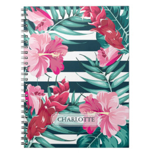 Exotic Summer Floral Monogram striped Notebook