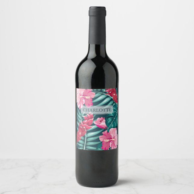 Exotic Summer Floral monogram Wine Label (Front)