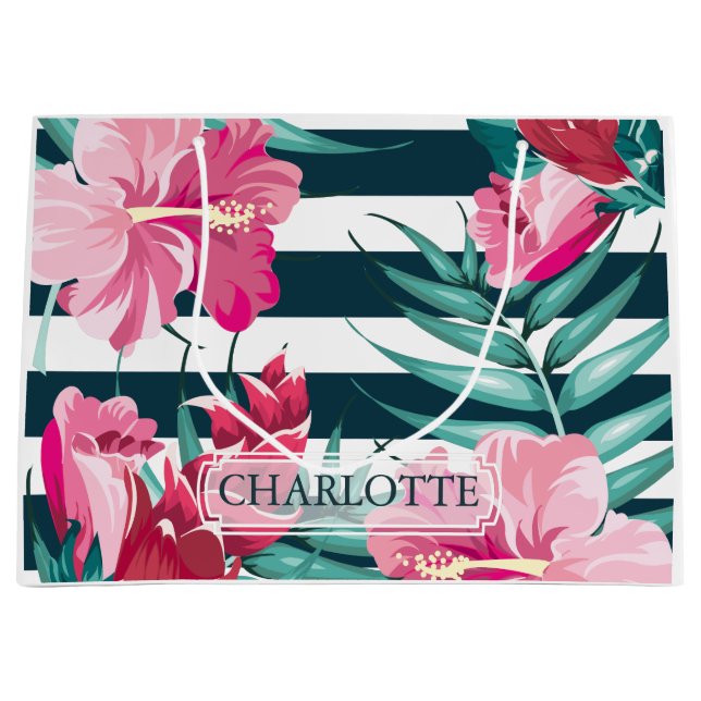 Exotic Summer Floral Personalized striped Large Gift Bag (Front)