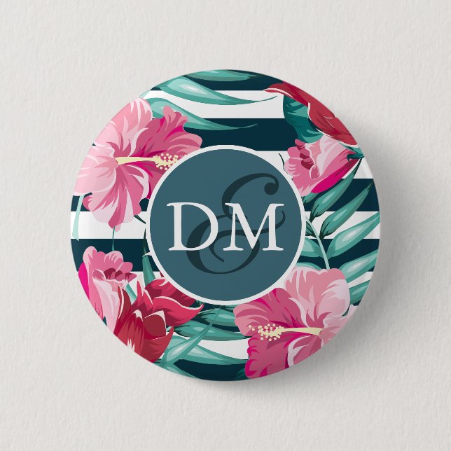 Exotic Summer Flowers Monogram striped 2 Inch Round Button (Front)