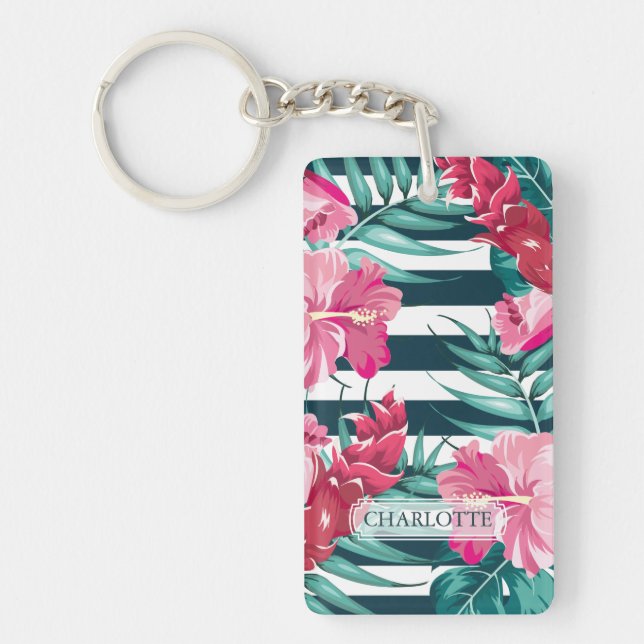 Exotic Summer Flowers Monogram striped Keychain (Front)