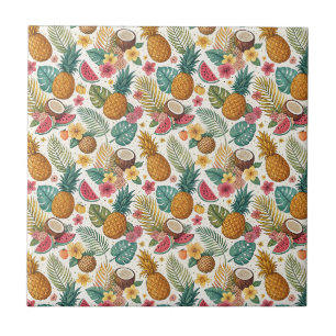 Exotic Summer Tropical Fruits & Flowers Pattern Tile