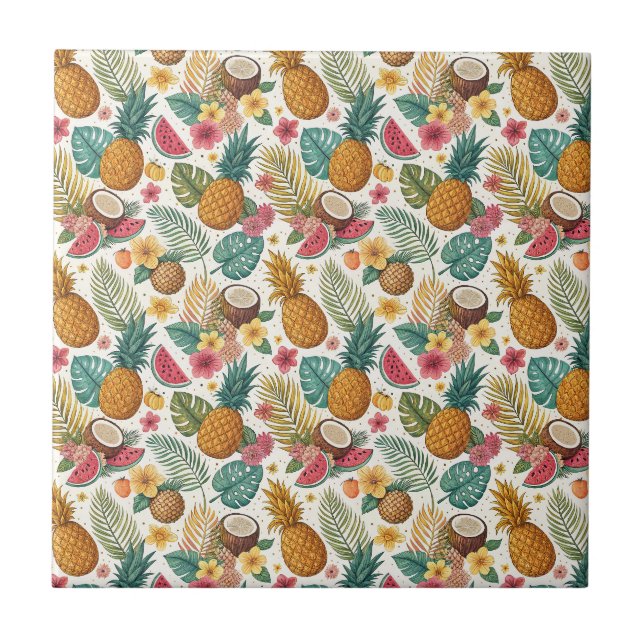 Exotic Summer Tropical Fruits & Flowers Pattern Tile (Front)