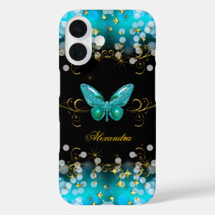 Exotic Teal Blue Gold Black Butterfly Sparkles iPhone 16 Case
