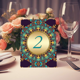 Exotic Teal Dark Blue Gold Tribal Bohemian Mandala Table Number