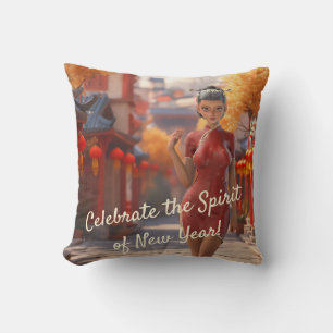 Exotic Toon Girl Celebrating Chinese New Year Throw Pillow