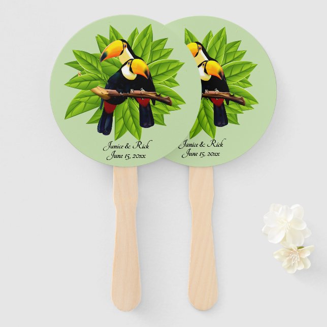 Exotic Toucan Duo Name and Date Green Hand Fan (Front and Back)
