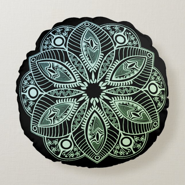 Exotic Tribal Green Gradient Mandala Round Pillow (Front)