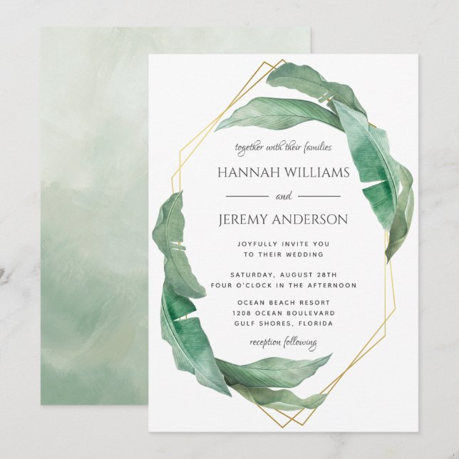 Exotic Tropical Banana Leaves Geometric Wedding Invitation (Front/Back)