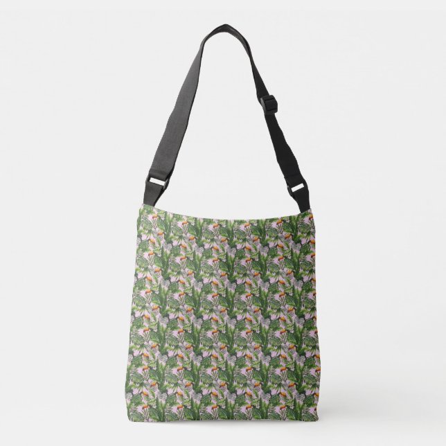 Exotic Tropical Bird Jungle Foliage Crossbody Bag (Front)