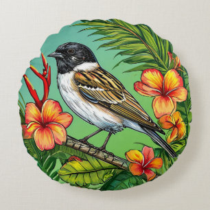 Exotic Tropical Bird with Flowers Paradise Artwork Round Pillow