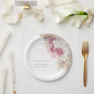 Exotic Tropical Boho Pink Roses Baby Shower Paper Plate