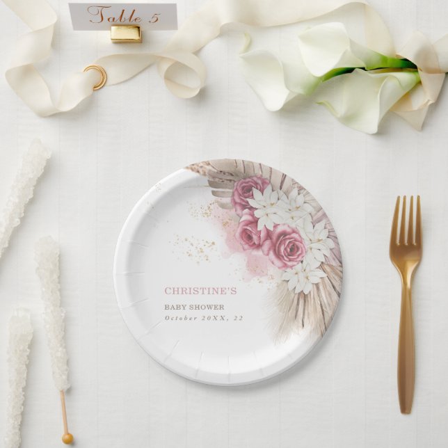 Exotic Tropical Boho Pink Roses Baby Shower Paper  Plate (Wedding)