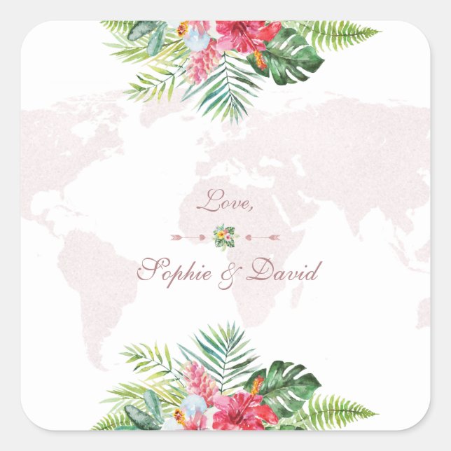 Exotic Tropical Floral Gold World Map Wedding Square Sticker (Front)