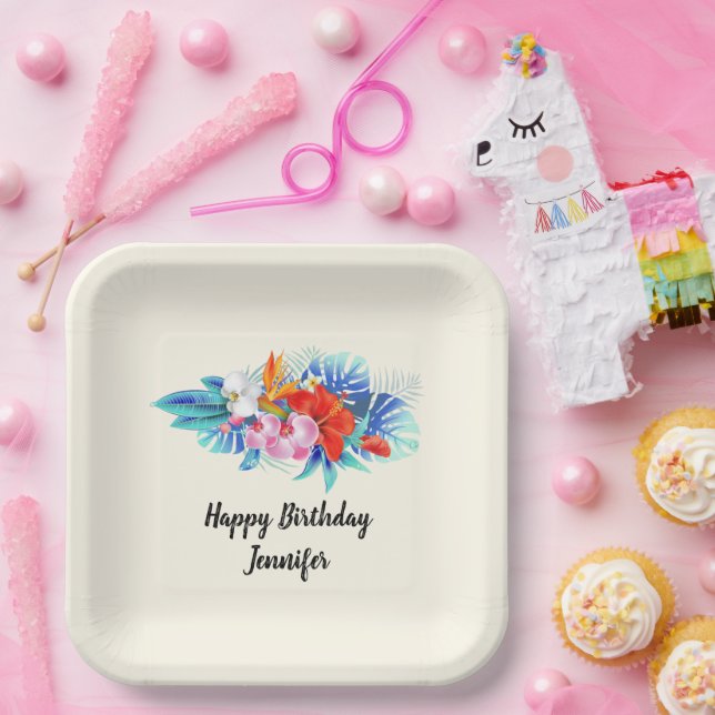 Exotic Tropical Flowers  Birthday Paper Plate (Party)
