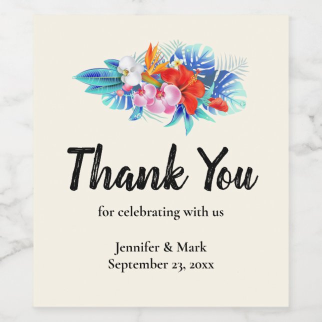Exotic Tropical Flowers in Pink and Aqua Wedding Wine Label (Single Label)