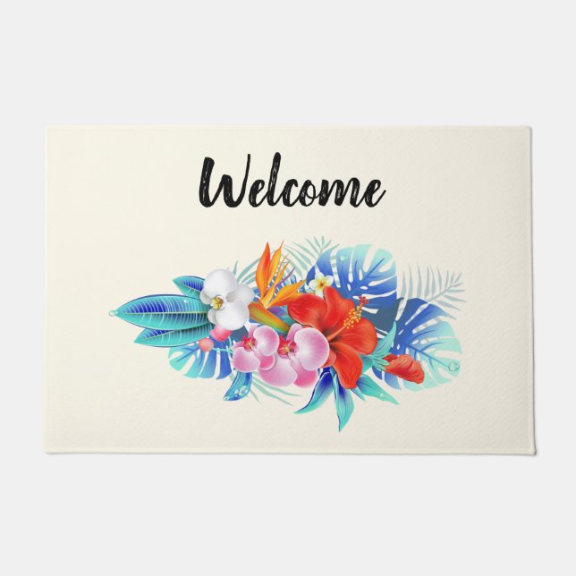 Exotic Tropical Flowers in Pink and Aqua Welcome Doormat (Front)