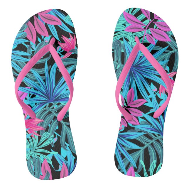 Exotic Tropical Flowers of Hot Pink & Blue Flip Flops (Footbed)