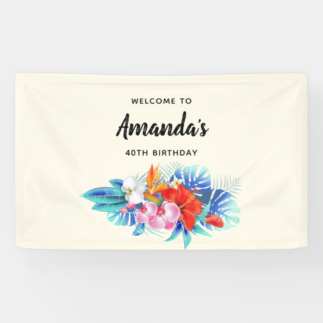 Exotic Tropical Flowers - Pink & Aqua Birthday Banner (Horizontal)