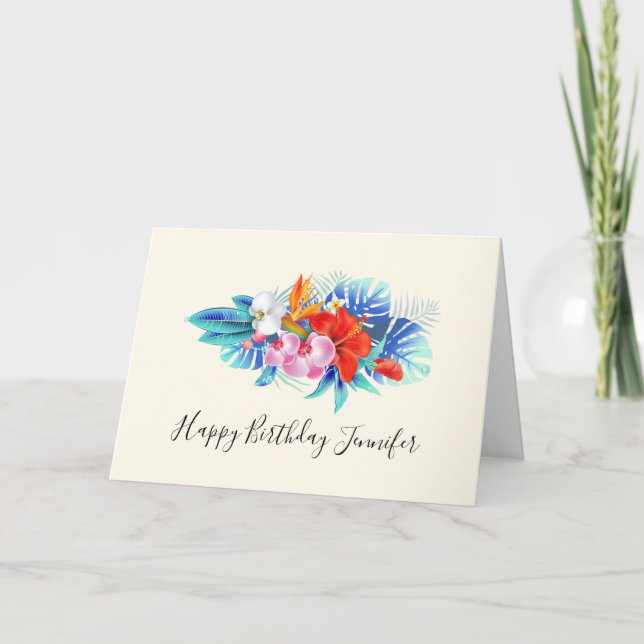 Exotic Tropical Flowers - Pink & Aqua Birthday Card (Front)
