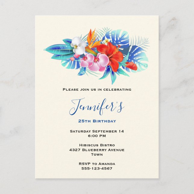 Exotic Tropical Flowers - Pink & Aqua Birthday Invitation Postcard (Front)