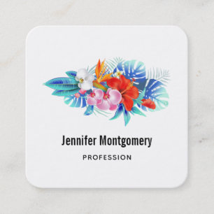 Exotic Tropical Flowers - Pink & Aqua Square Business Card