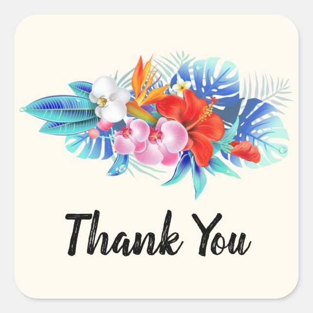 Exotic Tropical Flowers - Pink & Aqua Thank You Square Sticker (Front)