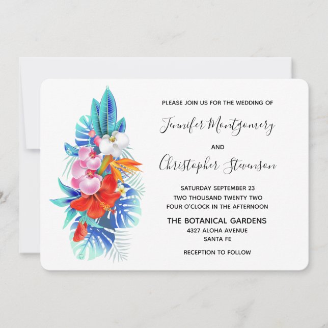 Exotic Tropical Flowers - Pink & Aqua Wedding Invitation (Front)