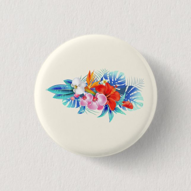 Exotic Tropical Flowers - Pink & Aquamarine 1 Inch Round Button (Front)