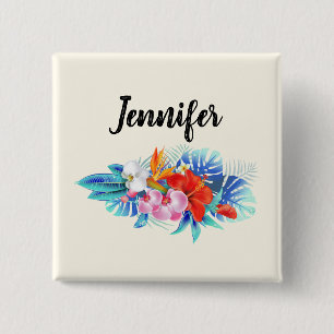 Exotic Tropical Flowers - Pink & Aquamarine 2 Inch Square Button