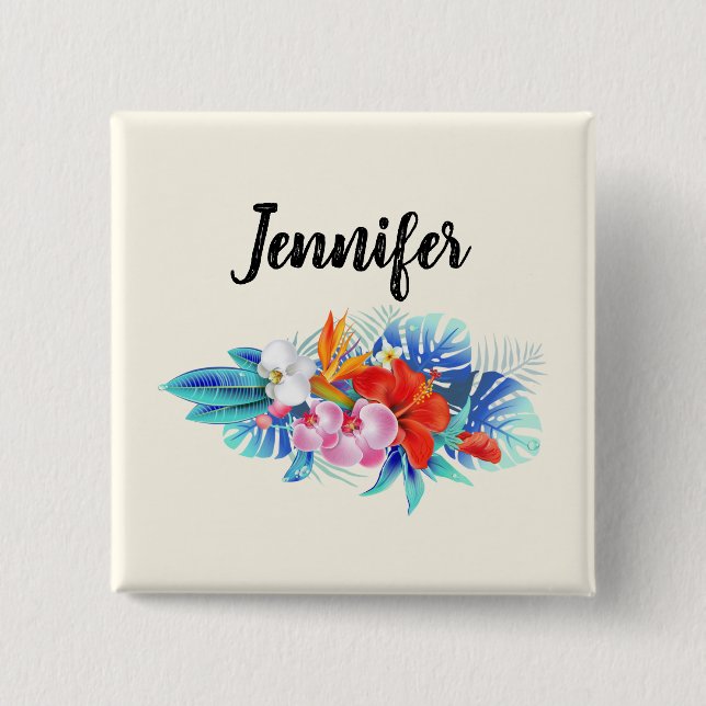 Exotic Tropical Flowers - Pink & Aquamarine 2 Inch Square Button (Front)