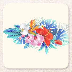 Exotic Tropical Flowers - Pink & Aquamarine Square Paper Coaster