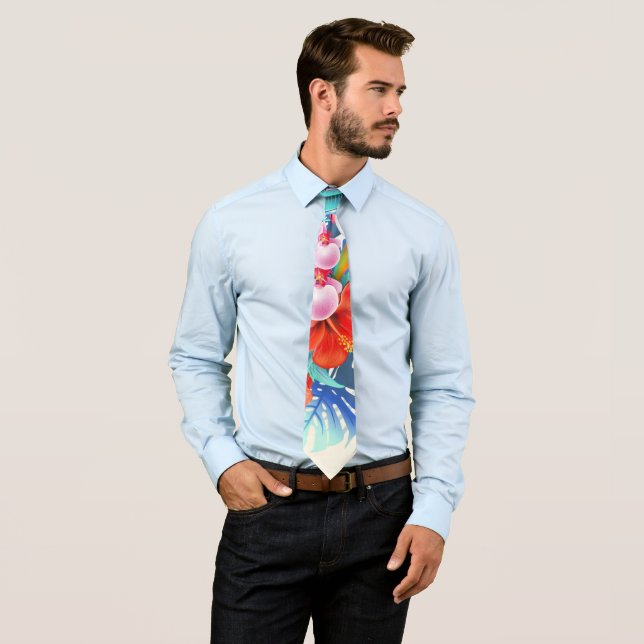 Exotic Tropical Flowers - Pink & Aquamarine Tie (In Situ)