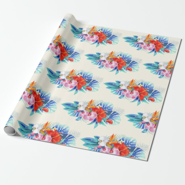 Exotic Tropical Flowers - Pink & Aquamarine Wrapping Paper (Unrolled)