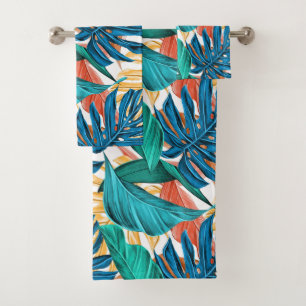 Exotic Tropical Foliage Leaves Teal Blue Sienna Bath Towel Set