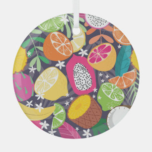 Exotic Tropical Fruits Dark Background Glass Ornament