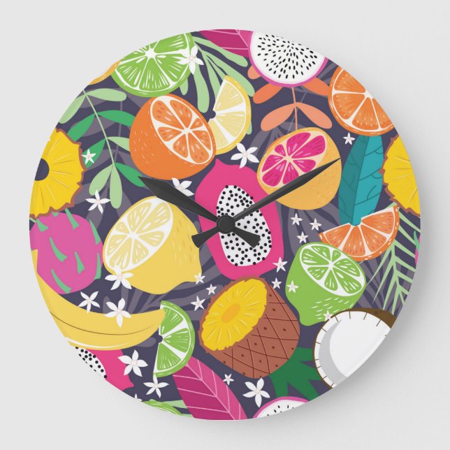 Exotic Tropical Fruits Dark Background Large Clock (Front)