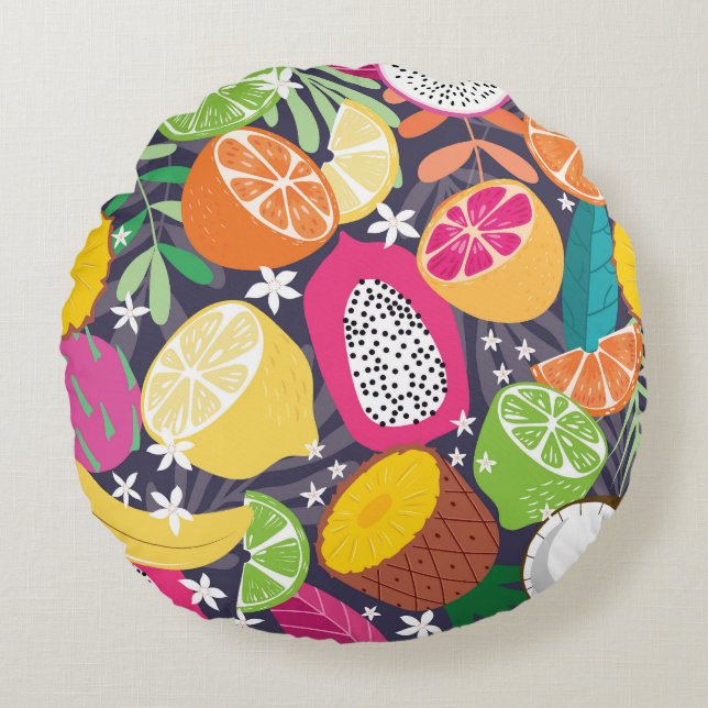 Exotic Tropical Fruits Dark Background Round Pillow (Front)