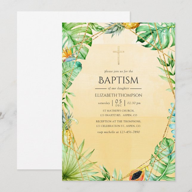 Exotic Tropical Geometric Baptism Invitation (Front/Back)