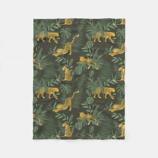 Exotic Tropical green jaguar palm leaves pattern Fleece Blanket (Front)