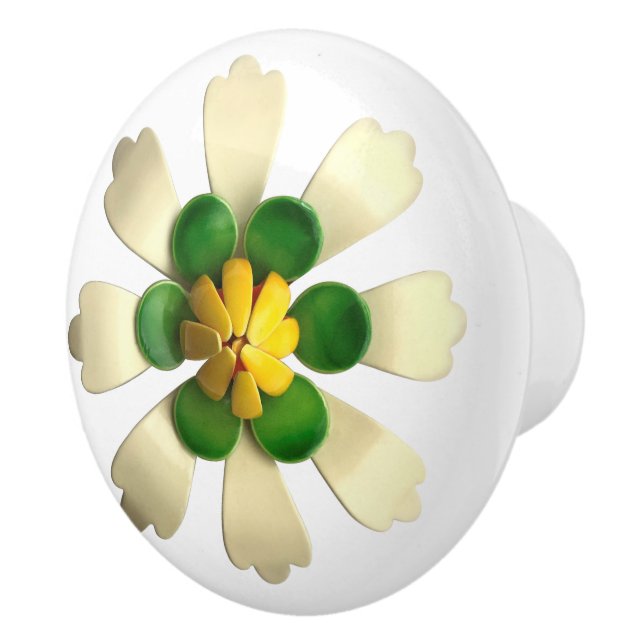 Exotic Tropical Hippie Daisy Flower White Green  Ceramic Knob (Right)