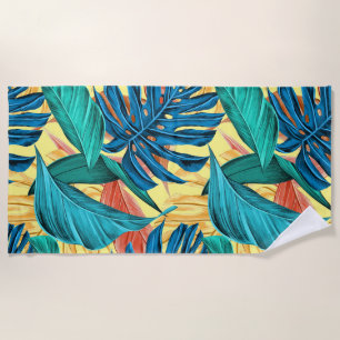 Exotic Tropical Leaves on Lemon Yellow Beach Towel