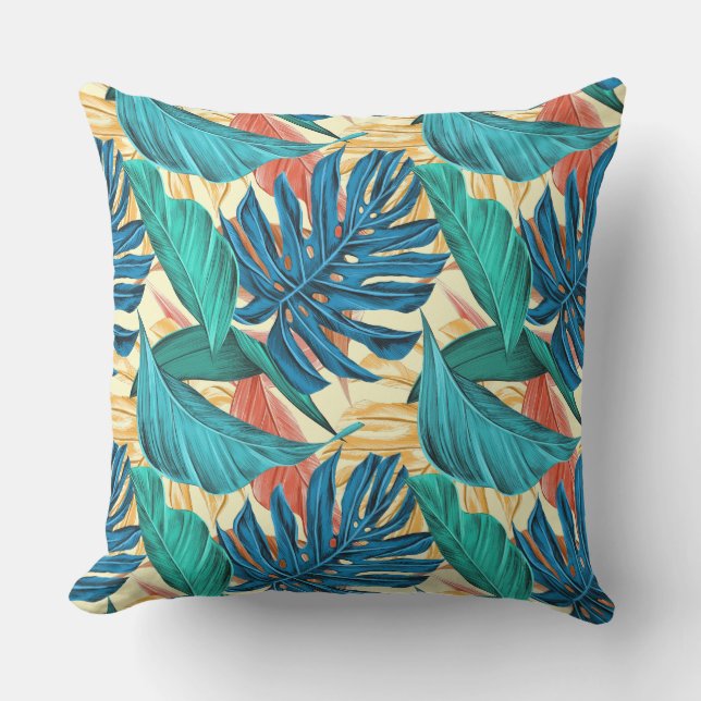 Exotic Tropical Leaves on Light Yellow Outdoor Pillow (Front)