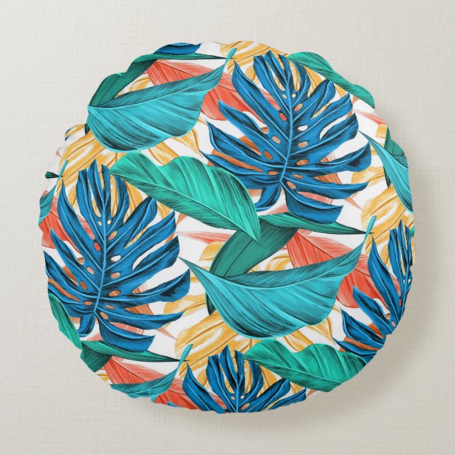 Exotic Tropical Leaves Round Pillow (Front)