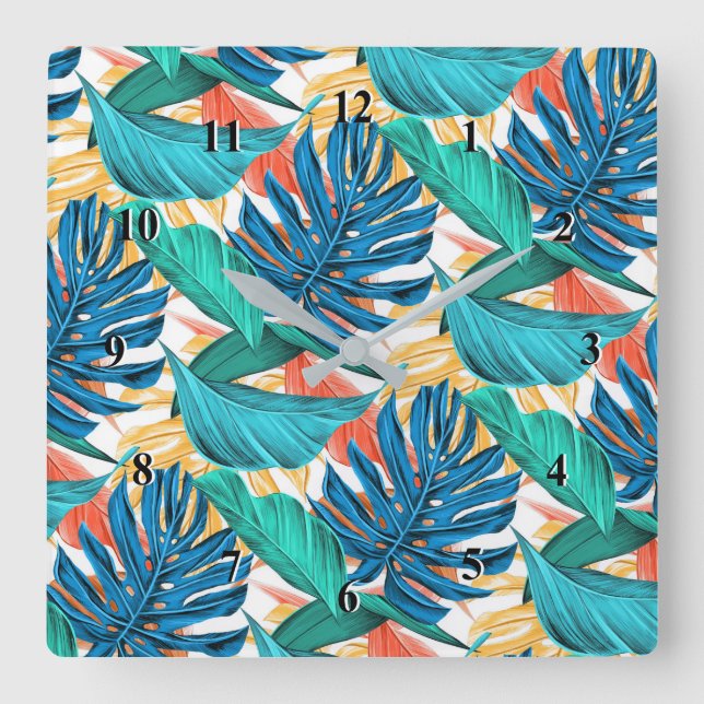 Exotic Tropical Leaves Wall Clock - Modern (Front)