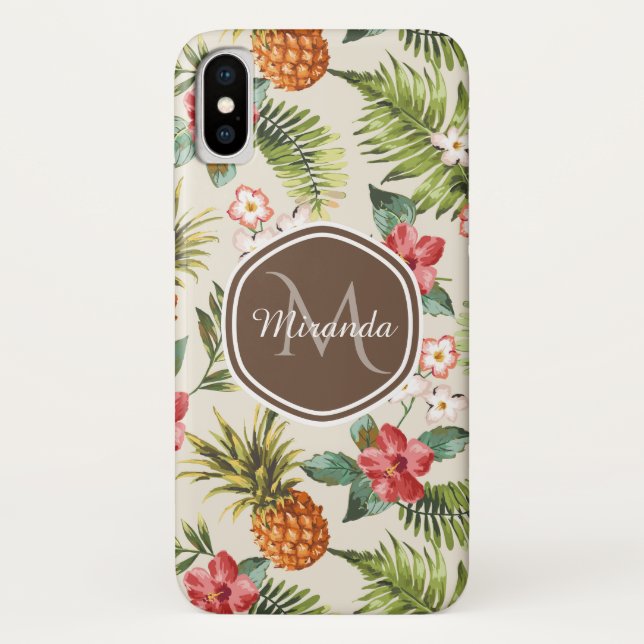 Exotic Tropical Pineapple Floral Brown Monogram Case-Mate iPhone Case (Back)