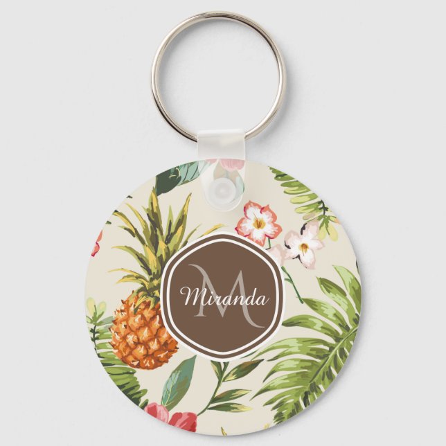 Exotic Tropical Pineapple Floral Brown Monogram Keychain (Front)