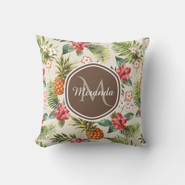 Exotic Tropical Pineapple Floral Brown Monogram Throw Pillow (Front)